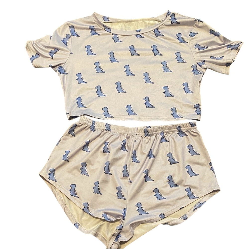 Cute Dinosaur Crop Top and Shorts Pajama Set Purple Small
